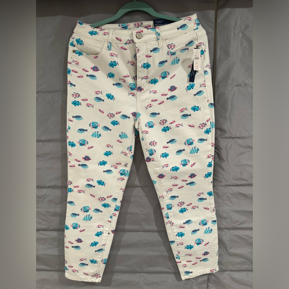 Talbots Flawless Pants Women’s  10 High Waist Jegging Crop Fish Print Denim NWT